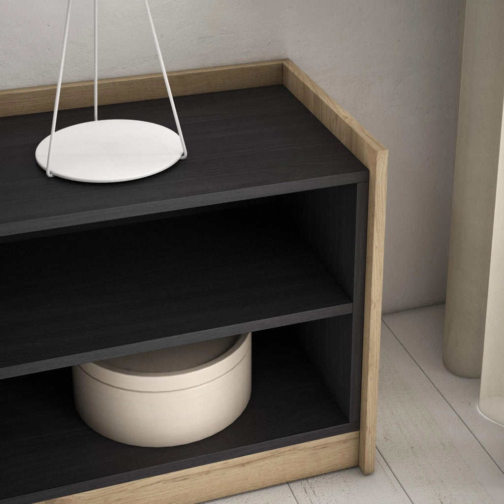 Mobile TV Soggiorno, 310x50x37 cm, Per TV fino a 80", Camino elettrico, Nero e rovere