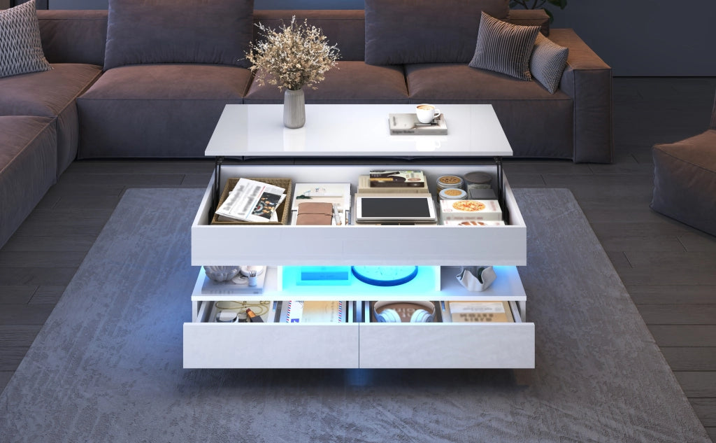 Tavolino basso sollevabile con LED, 2 cassetti e vani contenitore, per soggiorno, in truciolare, bianco 100 × 50 × 45 cm