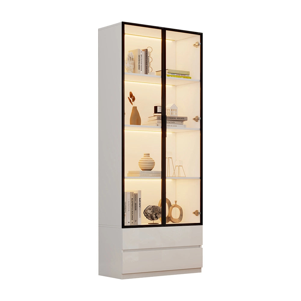 Vetrina 80x34x200 cm con LED - Xylo - 2 ante, 2 cassetti, struttura alluminio, bianco, per soggiorno