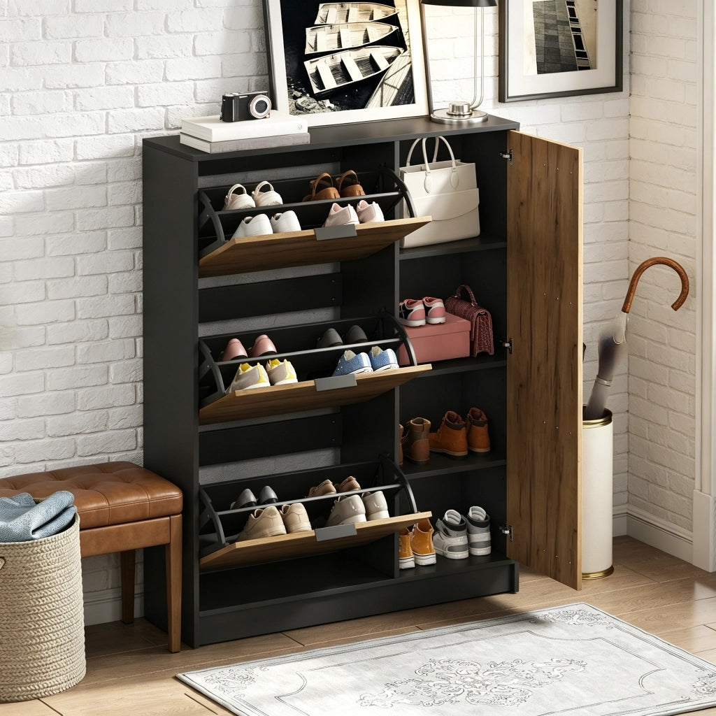 Scarpiera con 3 ante a ribalta e 1 vano con sportello, per ingresso, in MDF, naturale e nero, 100 × 30 × 130 cm