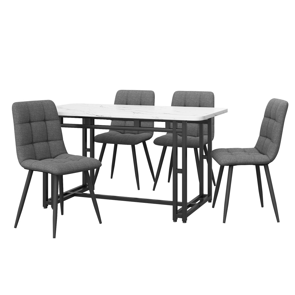 Tavolo da pranzo per 4 persone con 4 sedie, piano in MDF e gambe in metallo, per cucina e soggiorno, grigio, 120 × 70 cm