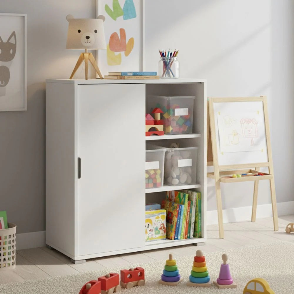 Mobiletto Base 2 Ante Scorrevoli Bianco | Armadietto Salvaspazio Moderno con 2 Ripiani Regolabili | Già Assemblato per Soggiorno, Ingresso, Bagno, Lavanderia, Studio e Cameretta