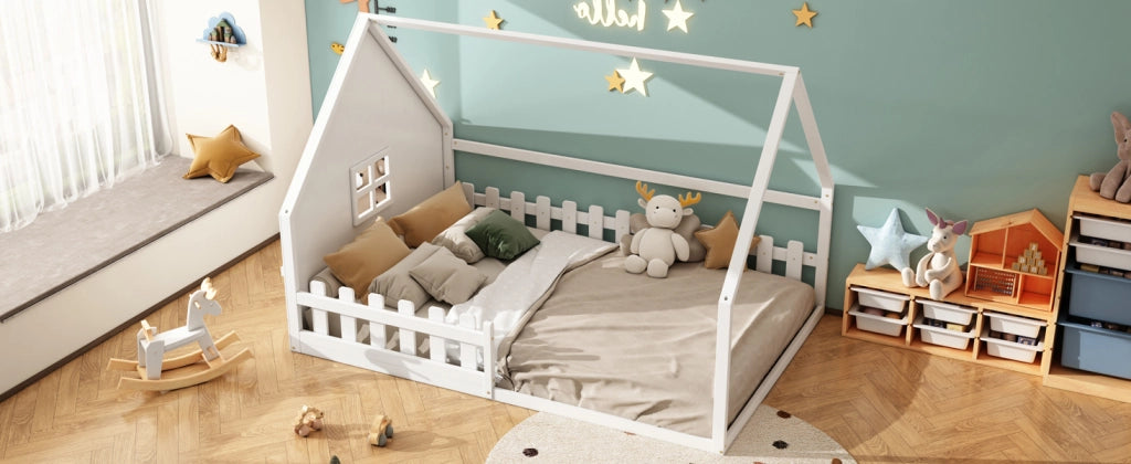 DESMIU Letto per bambini casetta 140 × 200 cm con sponda di sicurezza, senza materasso, in pino e MDF, bianco