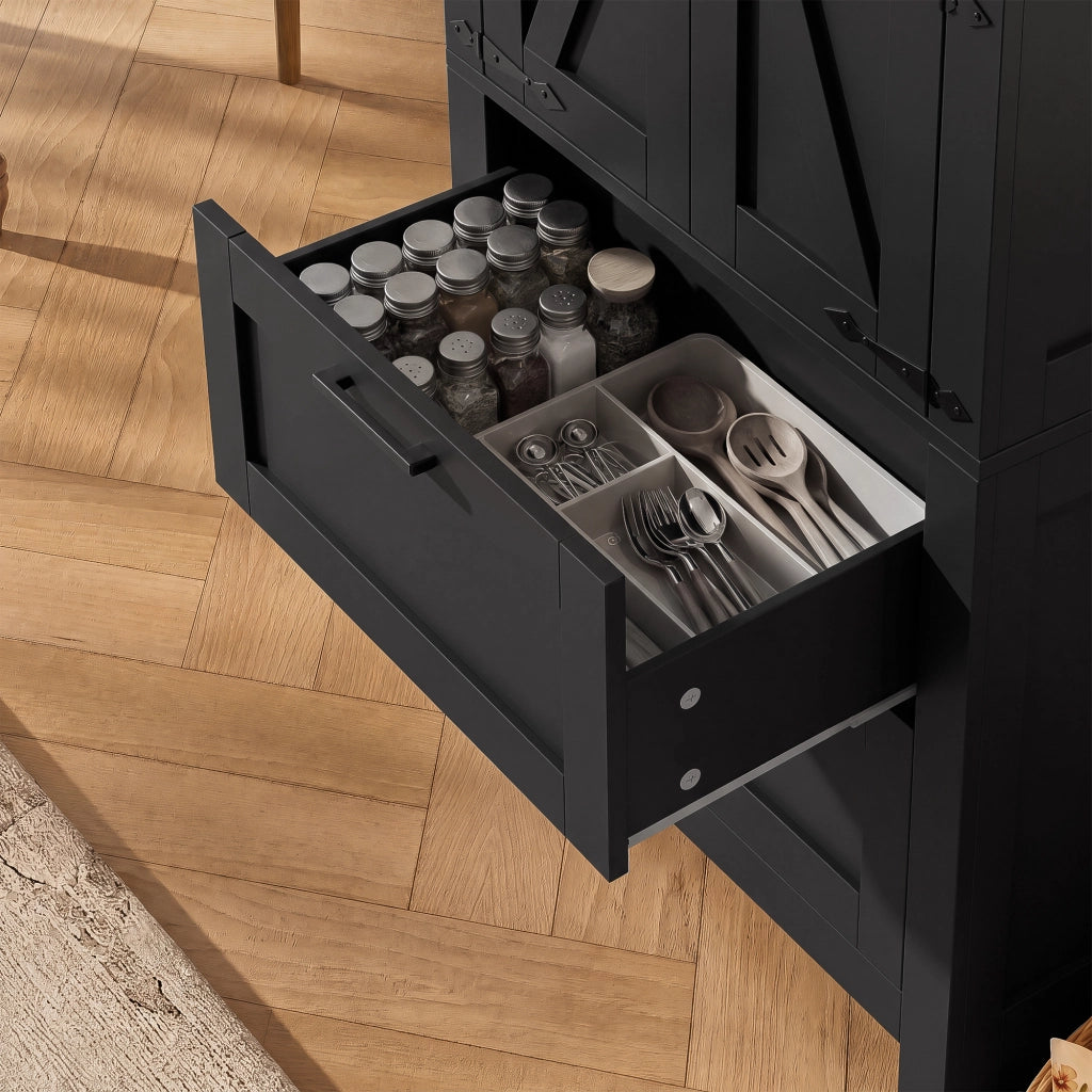 Credenza alta in stile rustico con 2 cassetti e ripiani regolabili per cucina, soggiorno e sala da pranzo in MDF nero