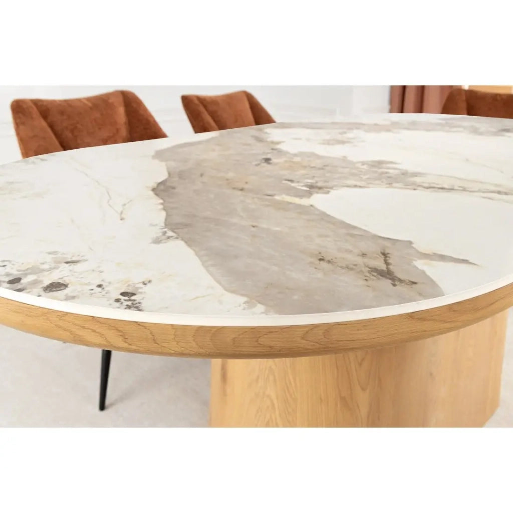 Tavolo da pranzo LUMEA – Ovale 200 cm – Effetto marmo bianco – Piede largo – Stile contemporaneo
