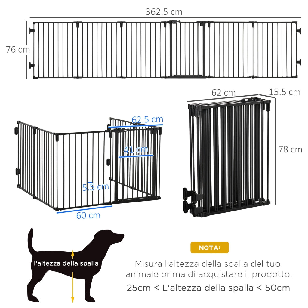 Recinto per Cani Gatti Pieghevole 362,5x2x76 cm 6 Sezioni in Acciaio Nero