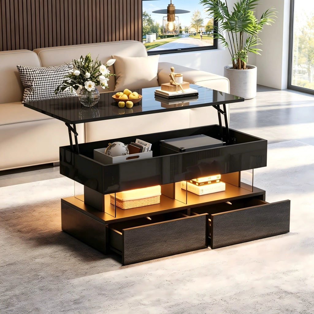 Tavolino da caff¨¨ sollevabile 100 x 50 x 46 cm nero con contenitore nascosto, 2 cassetti e illuminazione LED