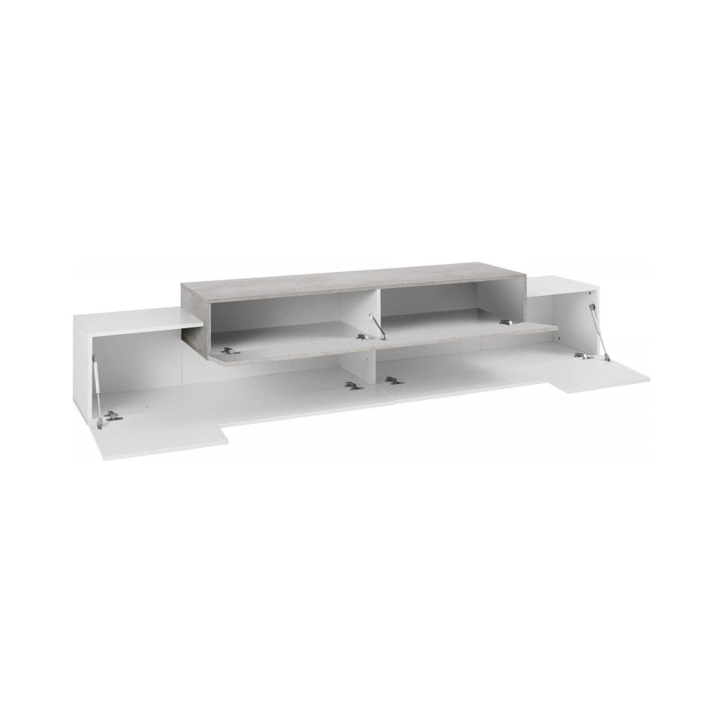 Mobile da soggiorno Porta Tiche, Made in Italy, Supporto per Tiche da salotto a 3 ante e ripiani, cm 240x45h52, Bianco lucido e Cemento