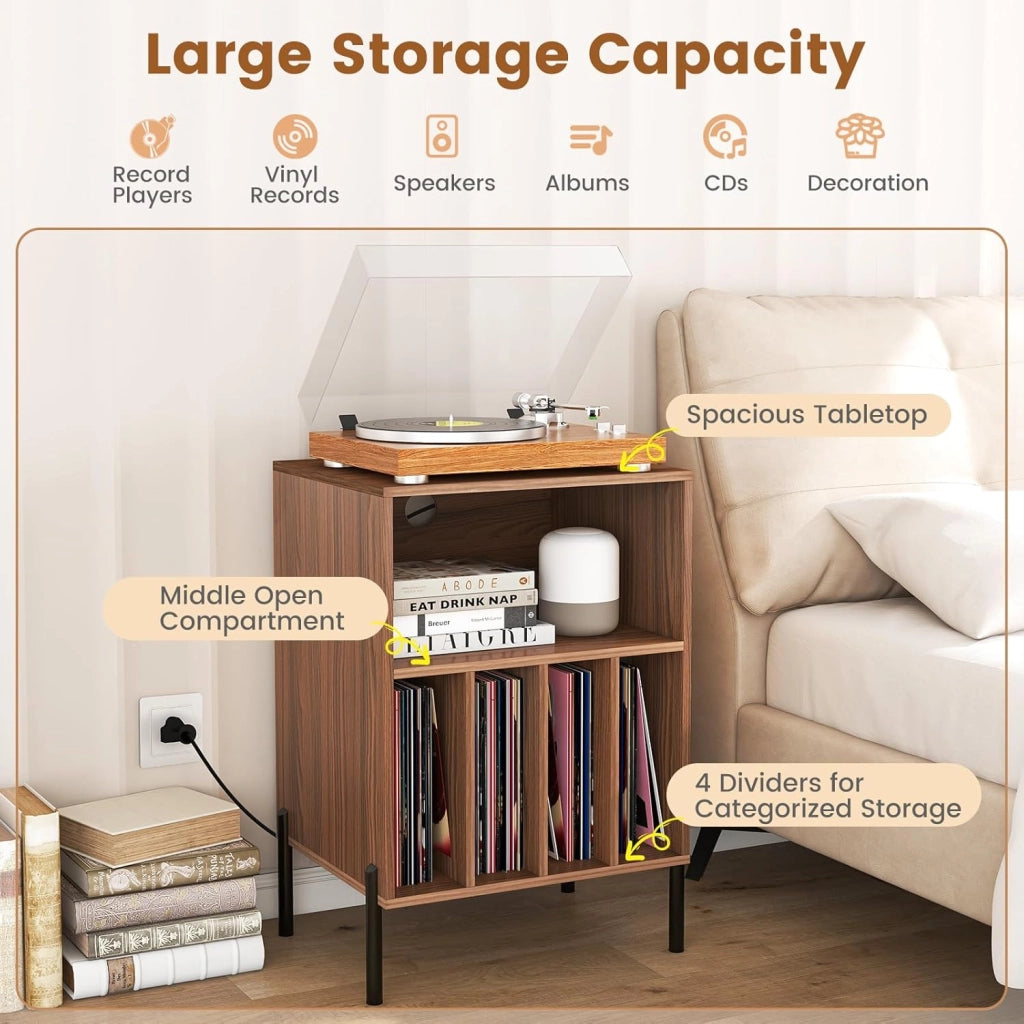 Tavolino da Letto Mobile Giradischi con Base di Ricarica, Comodino per 150 Album, 2 Porte USB, 1 Tipo C, 5 Scomparti, Gambe in Metallo, Supporto per Giradisco, 53 x 45 x 78 cm, Colore Noce