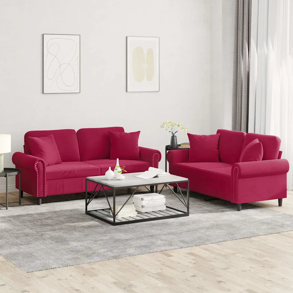 vidaXL Set di Divani 2 pz con Cuscini Rosso Vino in Velluto