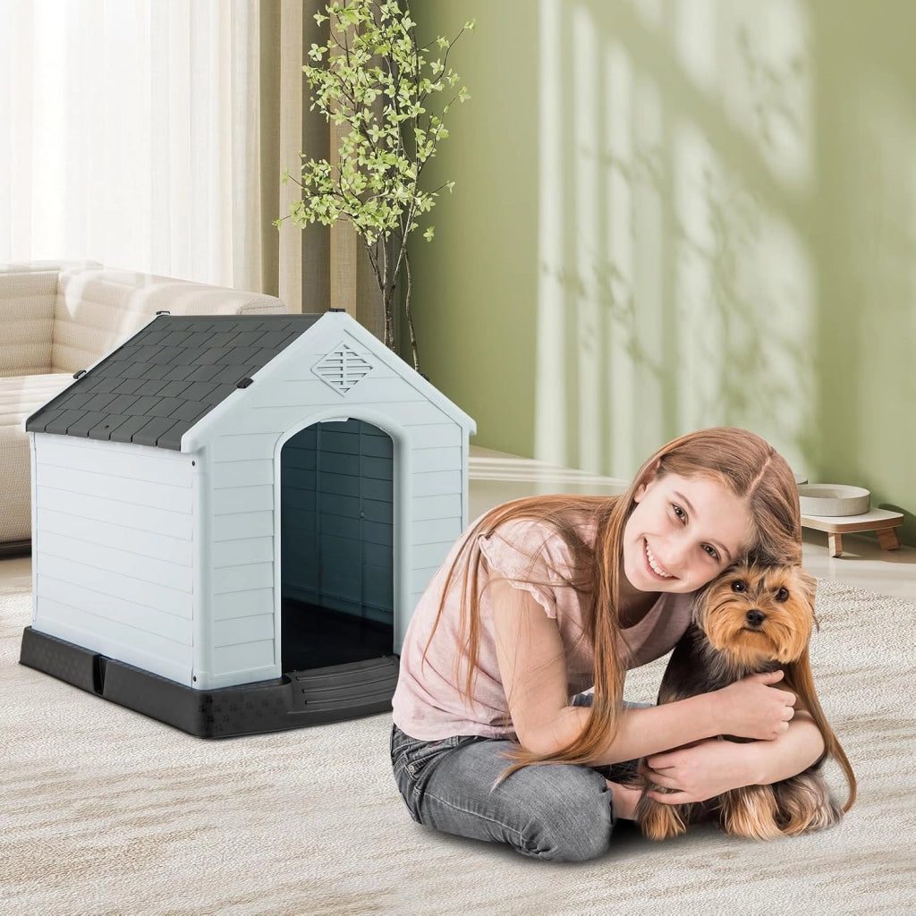 Cuccia per Cani da Esterno ed Interno, Casetta Impermeabile e Ventilata con Valvole d’Aria e Pavimento Rialzato, per Cani di Piccola e Media Taglia (Grigio, 70 x 65 x 71,5 cm)