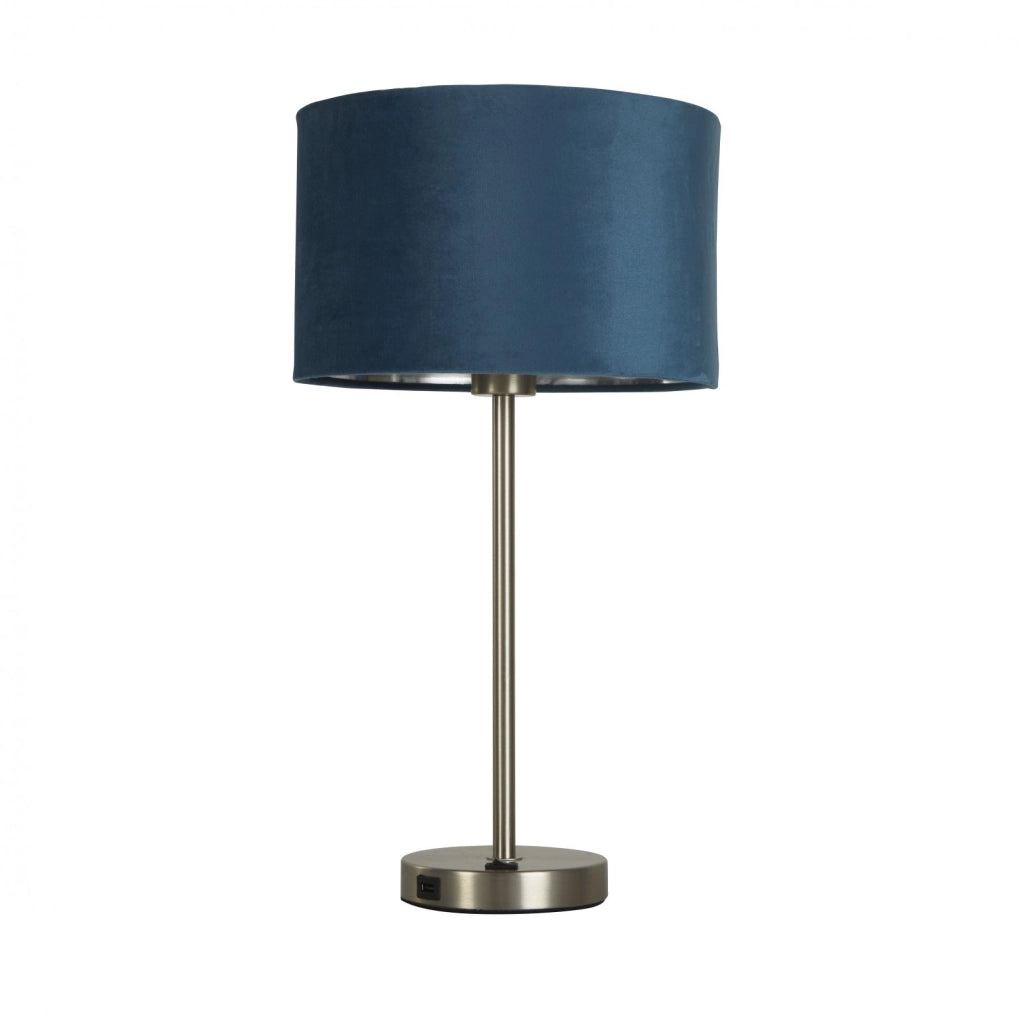 Lampada da tavolo Finn USB - Metallo nichel satinato e paralume in velluto verde acqua