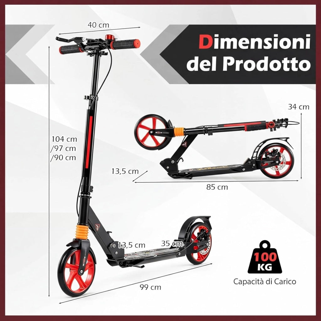 Monopattino Bambini e Adulti, Monopattino a Spinta Pieghevole e Regolabile in 3 Altezze, Monopattino Portatile con 2 Ruote, Cavalletto, Freno e Pedale Antiscivolo, Portata 100 kg
