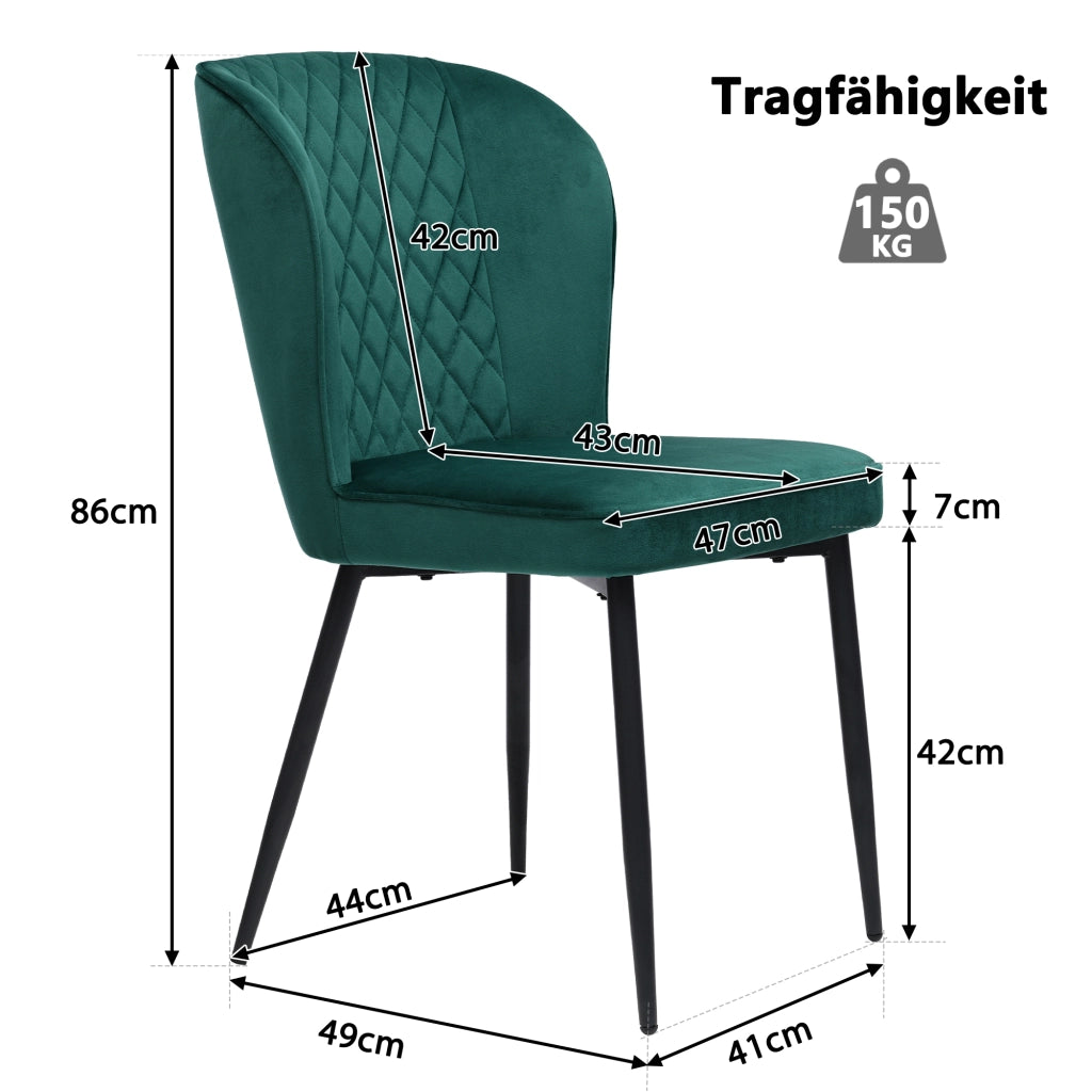Sedia da pranzo in velluto con schienale ergonomico e struttura in metallo verde moderna per cucina e soggiorno