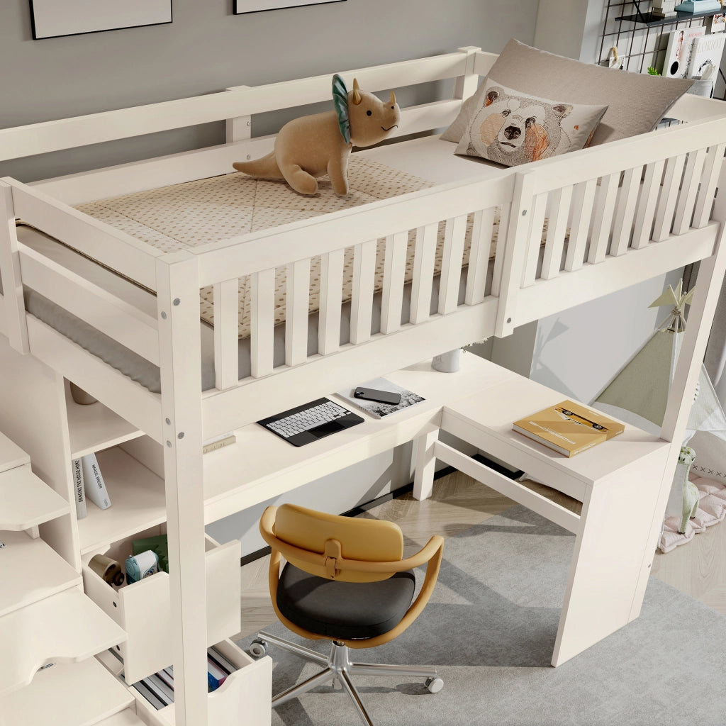 Letto a Soppalco 90 x 200 cm - Armadio con Scala; Scrivania Angolare e Cassetti - Bianco