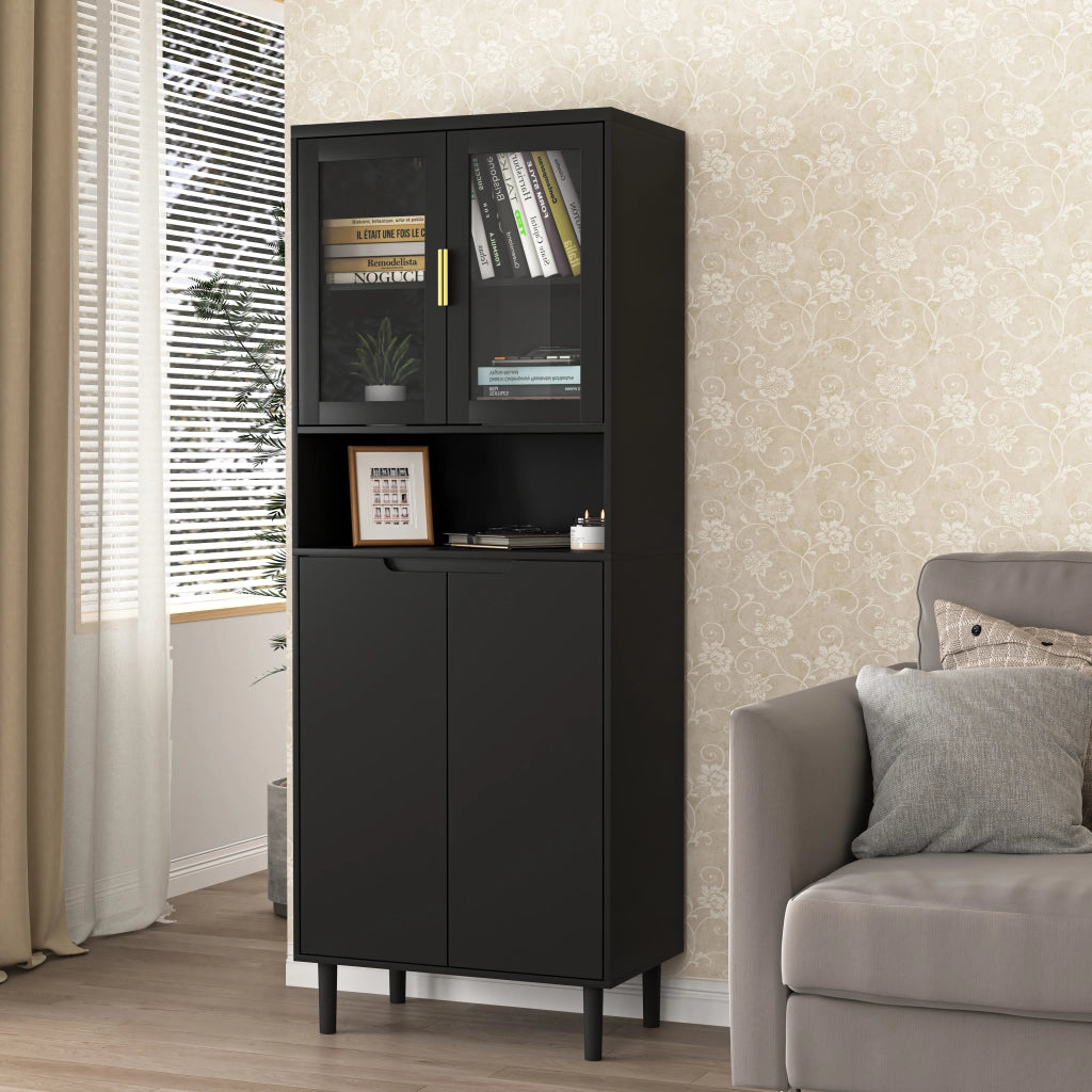 Libreria Alta con Ante in Vetro Temperato e Ripiani Regolabili ¨C MINIMAL ¨C Nero, MDF Laccato