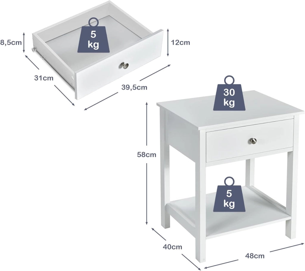 Set di 2 Comodini, Tavolino da Salotto con Cassetto, Moderno Tavolino da Salotto per Soggiorno, Camera da Letto, 48x40x58 cm, 3 Colori