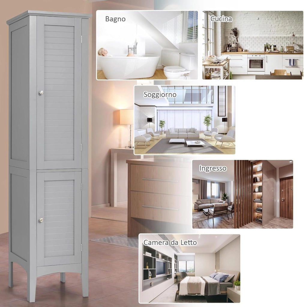 Mobile da Bagno Alto con 2 Ante, Armadio da Terra con 5 Vani, Mobile Colonna per Bagno Cucina Soggiorno, 37 x 37 x 160 cm (Grigio)