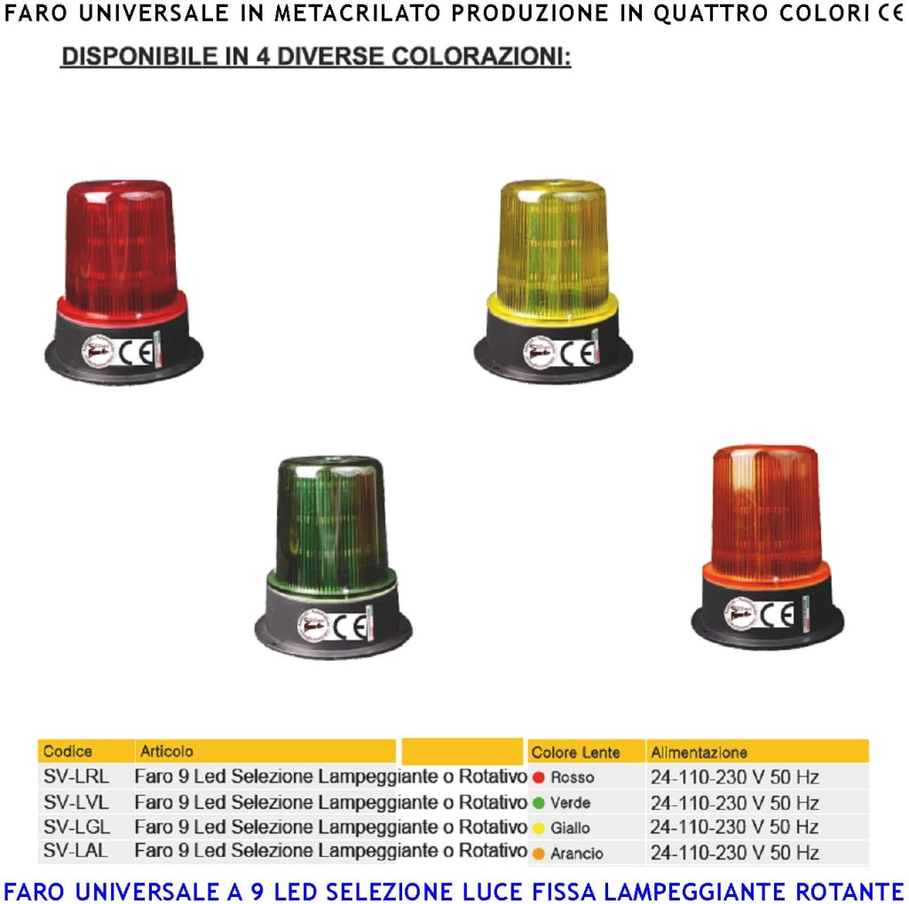 Faro Arancione 9 Led su 3 Steli Selezione Luce Fissa Lampeggiante o Rotante Aliment. 12/24/230 V Montaggio a Palo o Parete Uso Monitore di Automatismi o Ripetitore di allarme Cover Metacrilato IP55
