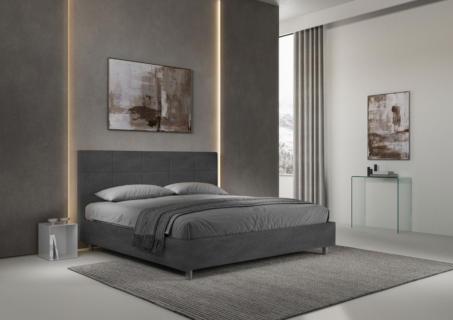 Letto Matrimoniale King Size 180x210 cm Senza Rete Imbottito in Microfibra Mika Grigio