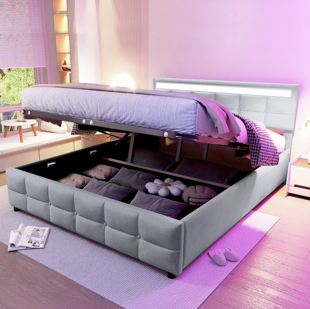 Letto imbottito 180x200 cm grigio con LED e vano contenitore