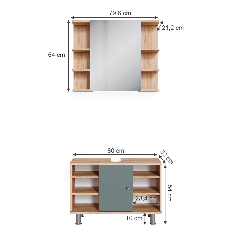Vicco Set mobili bagno Verde 2 parti, mobile base 80 cm