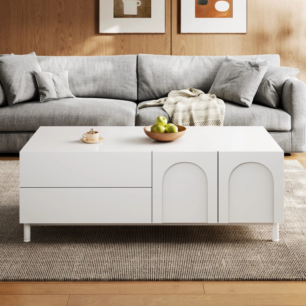 Tavolino da salotto con 2 cassetti e 2 ante; vano chiuso antipolvere; in MDF e pannelli; bianco; 100 × 50 × 39.5 cm