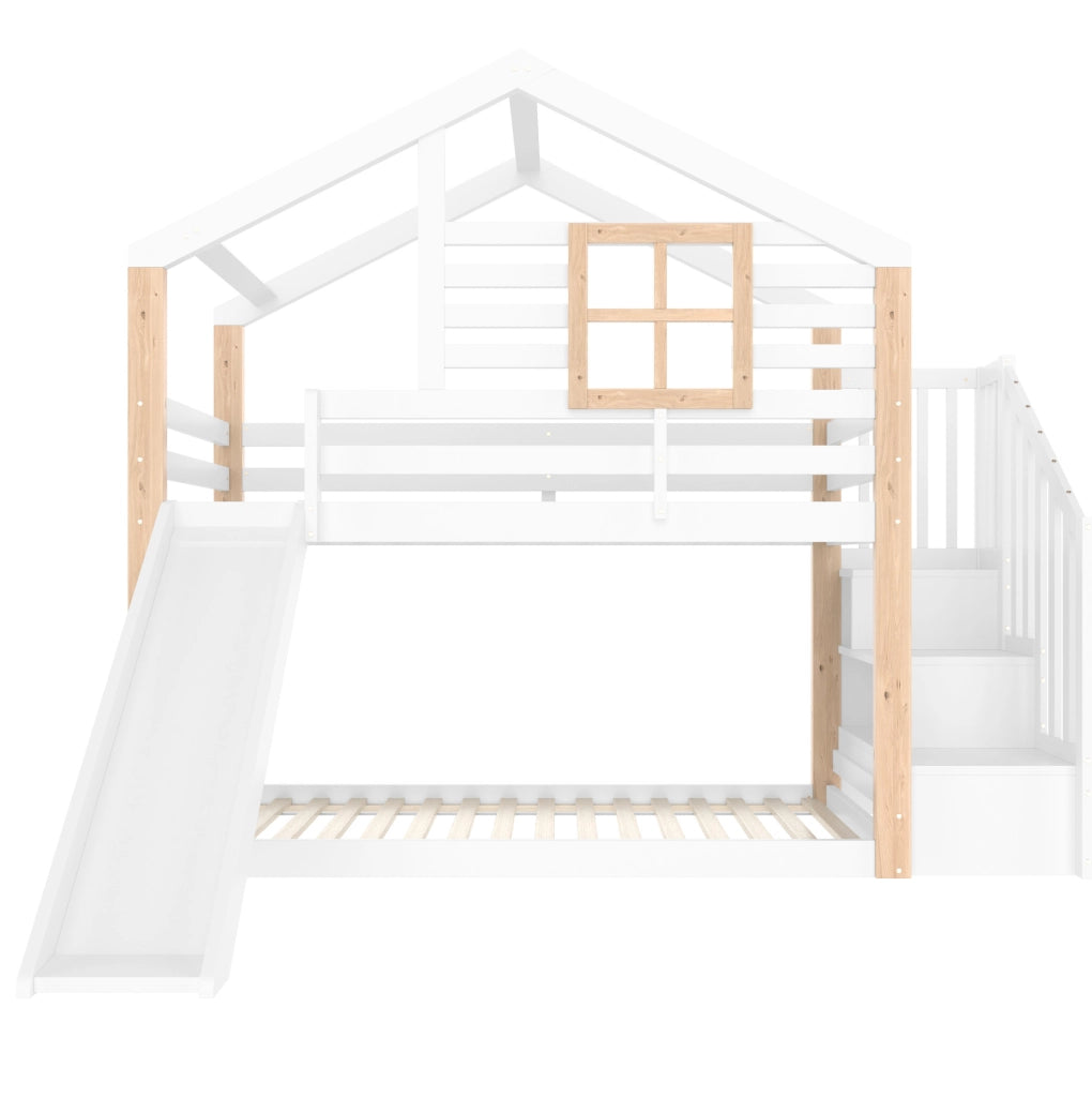Letto a castello a casetta con scivolo e scala con vani contenitore 90x200 cm in legno; bianco