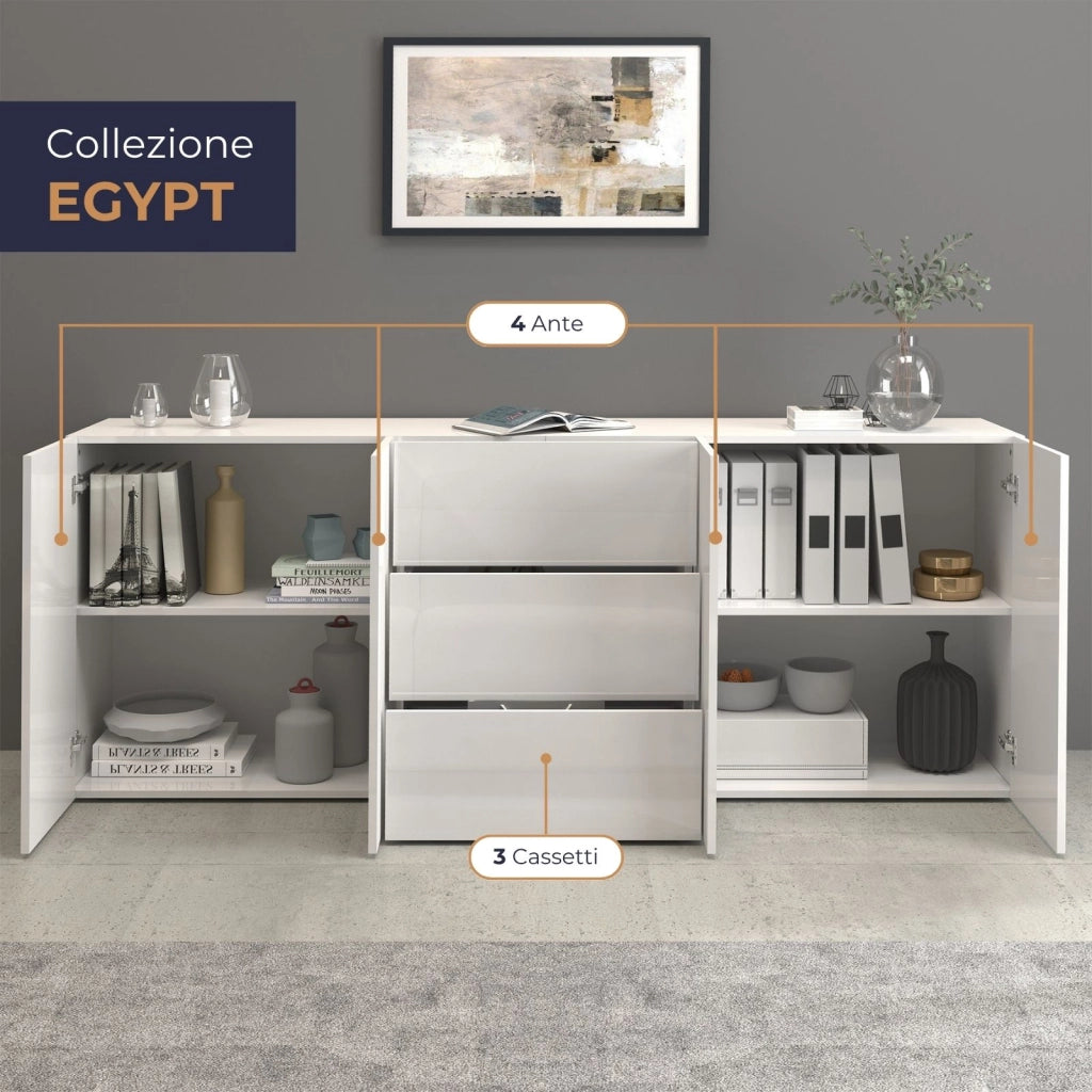 WHOUS Credenza Egypt a 4 ante e 3 cassetti bianco lucido 200x40x80 cm