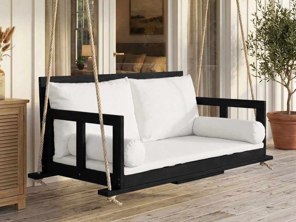 OKWISH Poltrona sospesa doppia con Cuscini e Braccioli, Giardino e Terrazza, Legno di acacia e Poliestere Nero