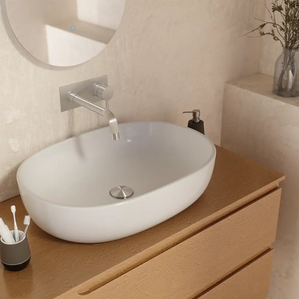 Lavabo da appoggio ovale con bordo slim 61x41x13,5 cm bianco lucido