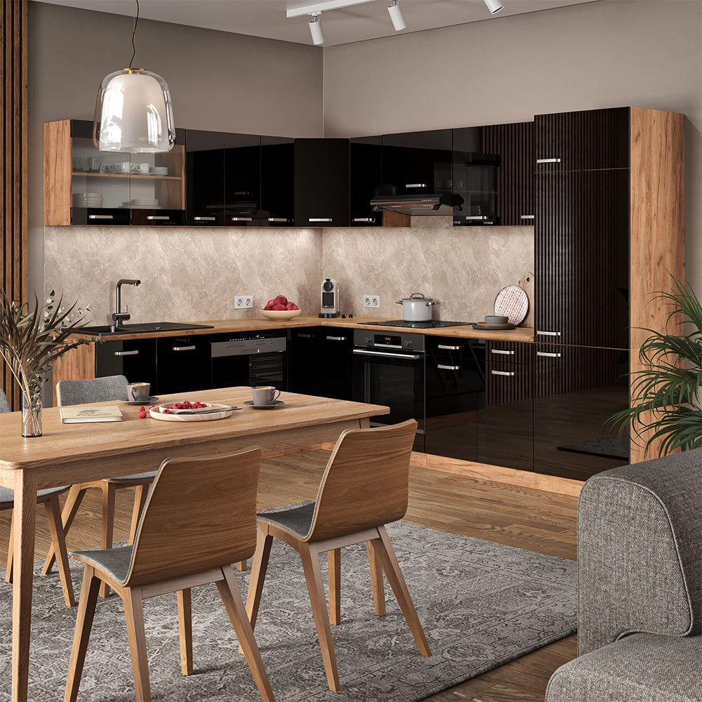 Mobile cucina angolare per sottotetto R-Line Nero lucido/Rovere dorato 75.6 cm con 1 porta Vicco