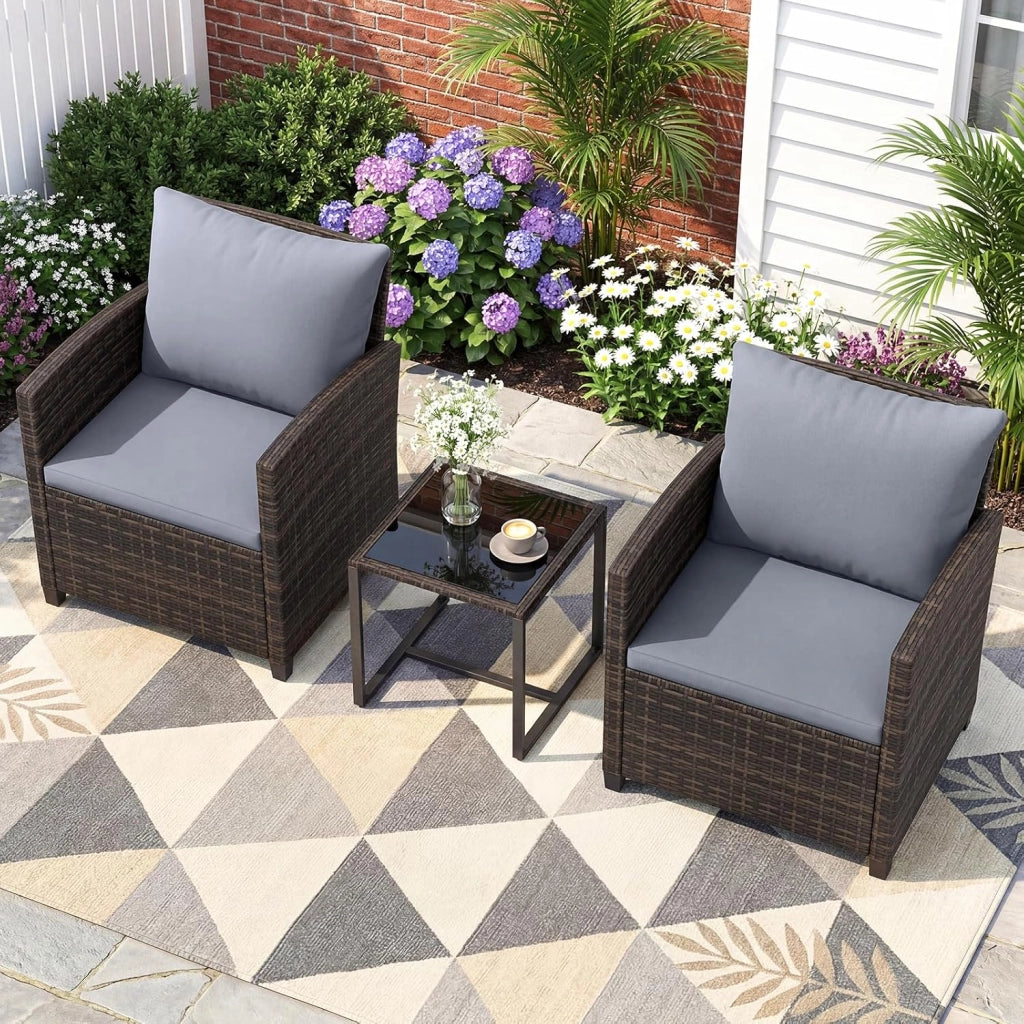 Set Mobili da Giardino 3 Pezzi, Salotto da Esterno in Rattan PE con 2 Poltrone e 1 Tavolino in Vetro Temperato, Set da Conversazione con Cuscini Sfoderabili per Patio (Grigio, Modello 5)
