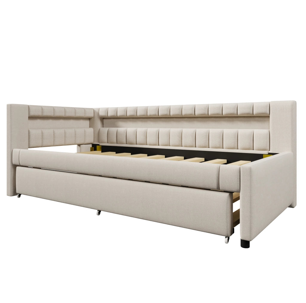Letto estraibile in lino beige con luce LED e porte USB