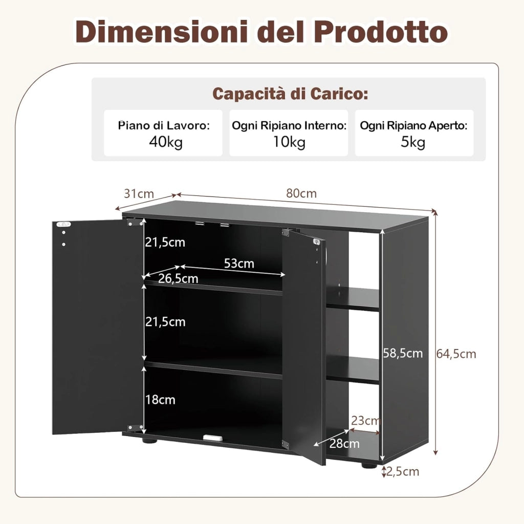 Mobiletto per Scarpe con Ante, Scaffale Porta Scarpe a 3 Ripiani con Mensole Regolabili, Organizzatore in Legno per Ingresso, Corridoio e Soggiorno, 80x31x64,5 cm (Nero)