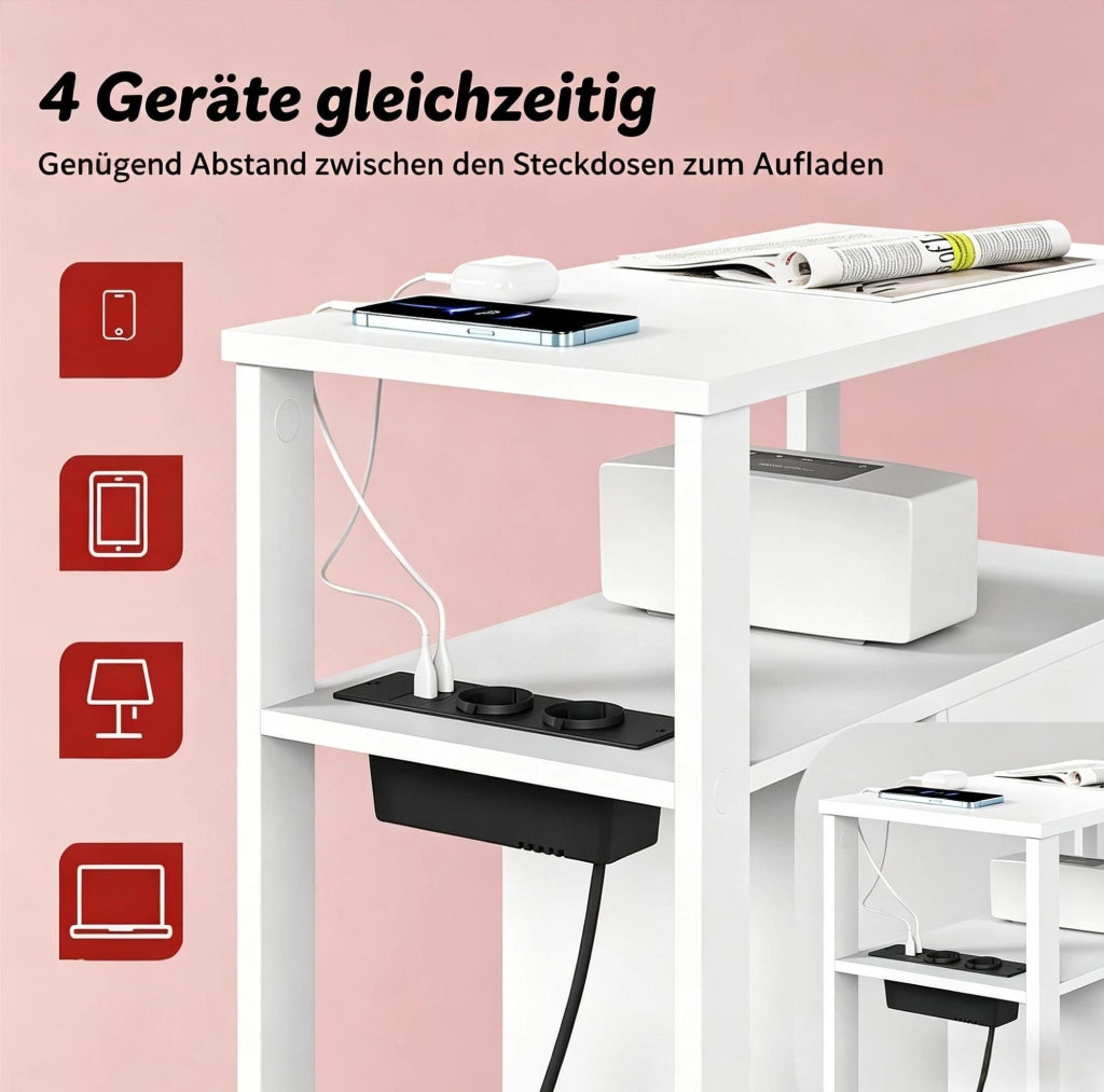 Tavolino laterale stretto bianco con prese elettriche e USB, 60x60x30 cm