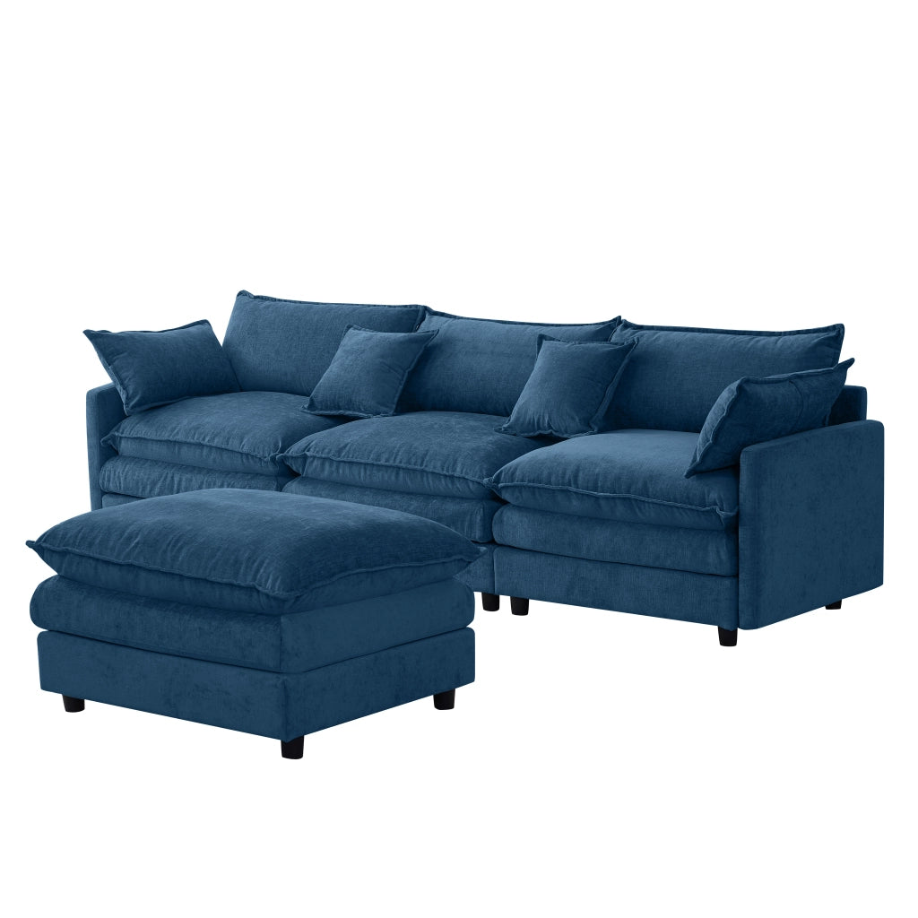Divano angolare modulare 3 posti con chaise longue e pouf mobile, cuscini sfoderabili, in cheniglia blu