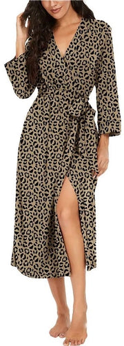 Vestone da camera per donne con collo V e maniche 3/4, set di notte in cotone, sauna lunga (FP-Leopard Khaki, M)