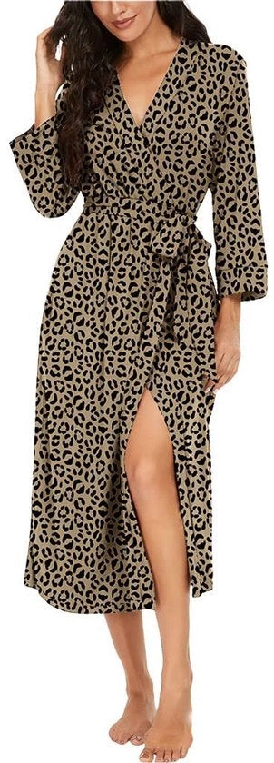 Vestone da camera per donne con collo V e maniche 3/4, set di notte in cotone, sauna lunga (FP-Leopard Khaki, M)