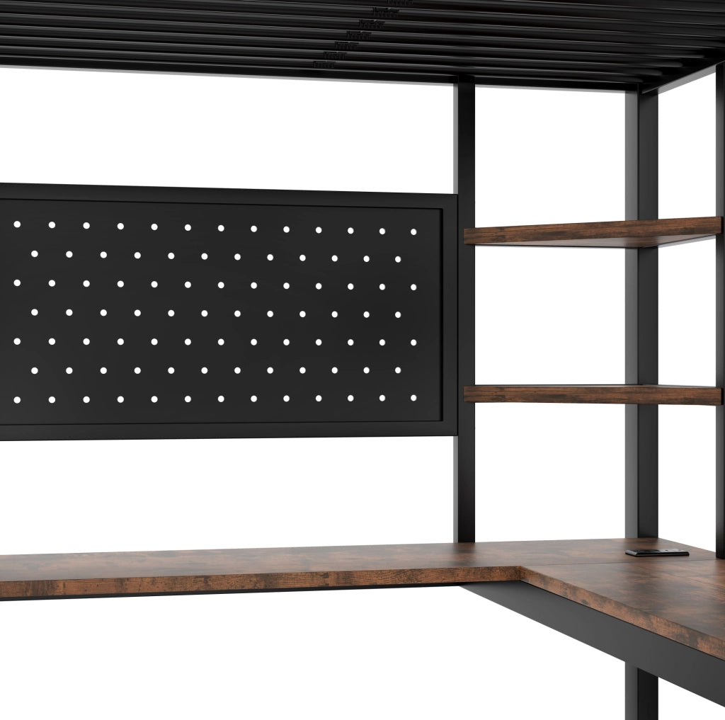 Letto a soppalco 90x200 cm nero con scrivania, LED, USB/Type-C e ripiani