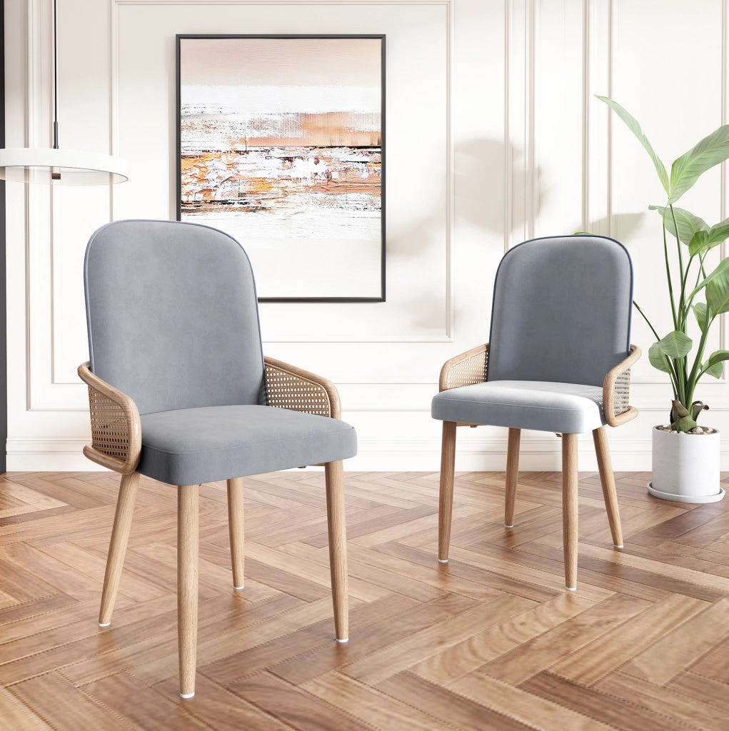 Sedia da pranzo girevole no; in velluto grigio con dettagli in PE rattan e gambe in metallo; set 2 pezzi