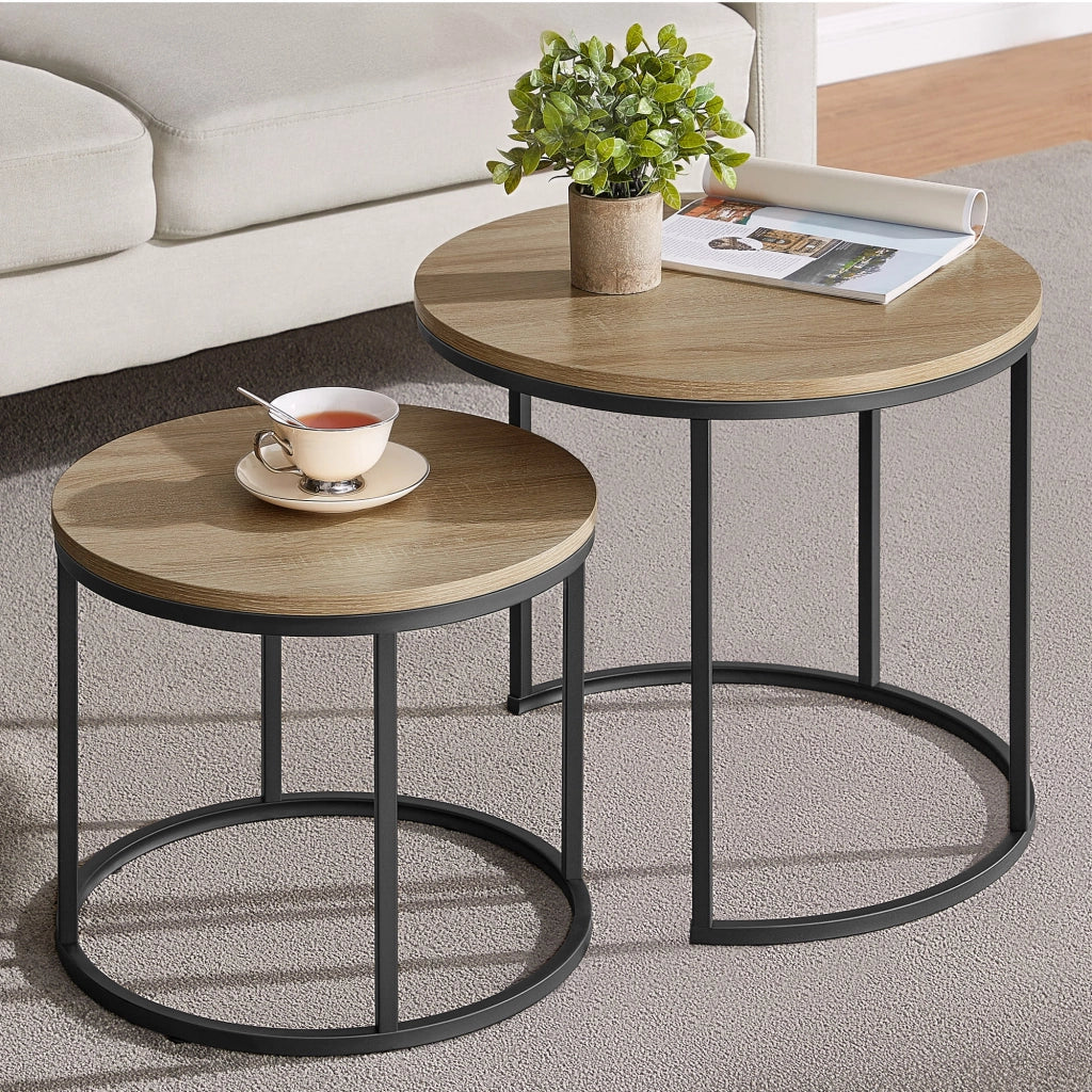 Set di 2 tavolini rotondi Valora - Piano in rovere Sonoma con gambe nere