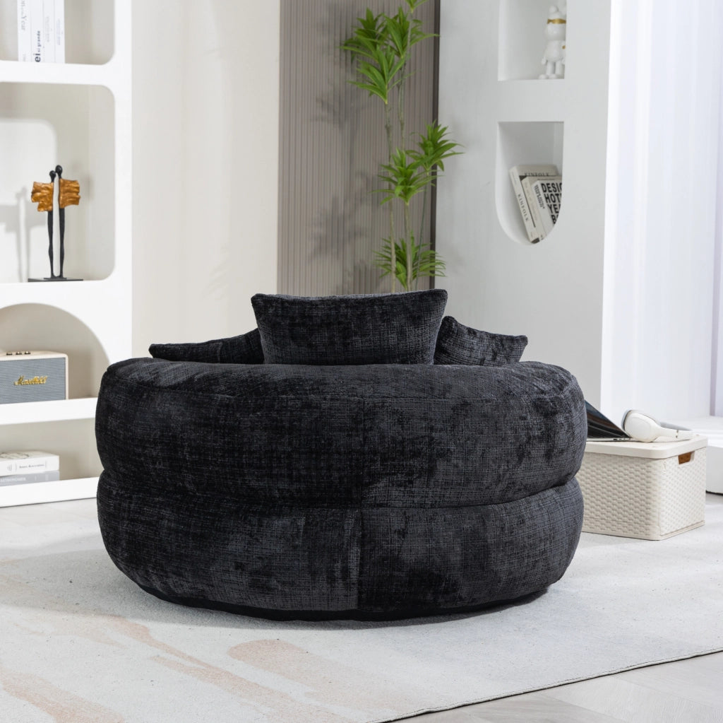 Poltrona sacco 108x108x52 cm con schienale avvolgente e braccioli in chenille nero