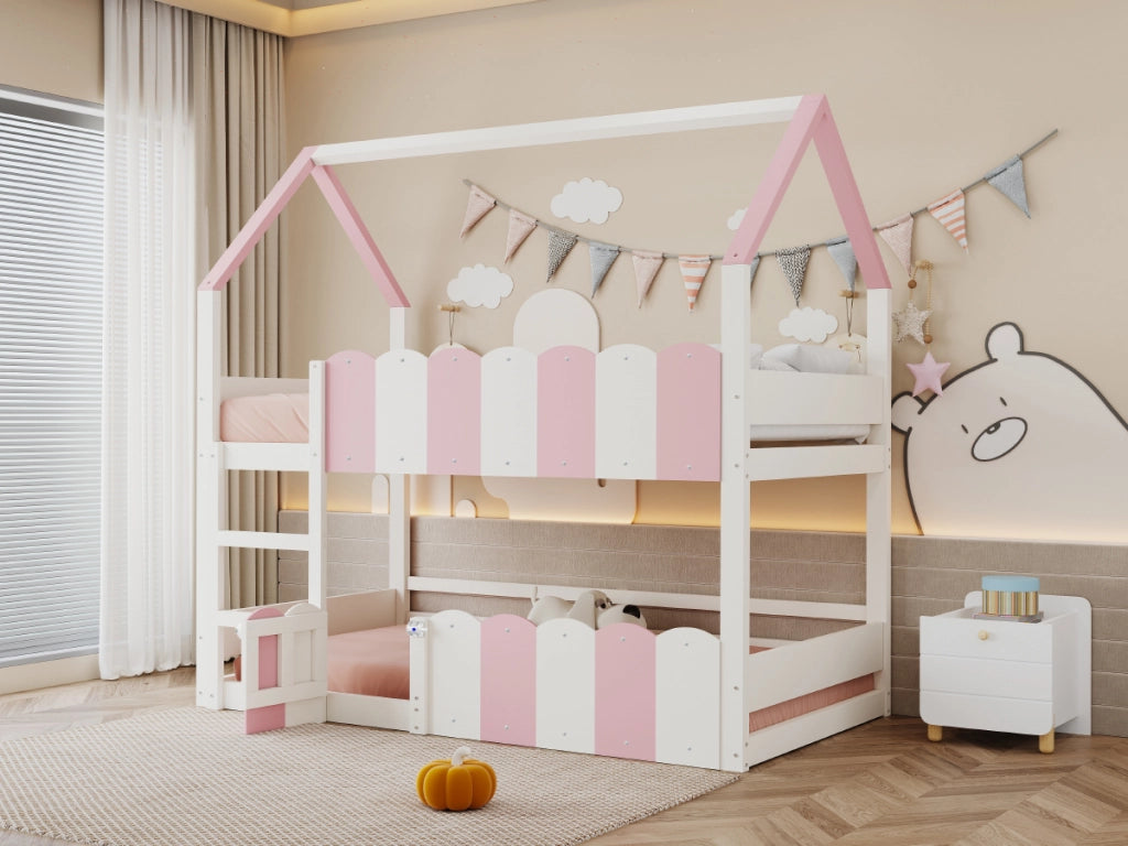 DESMIU Letto a castello per bambini 90 × 200 cm con porta, sponde di sicurezza, senza materasso, in legno, rosa
