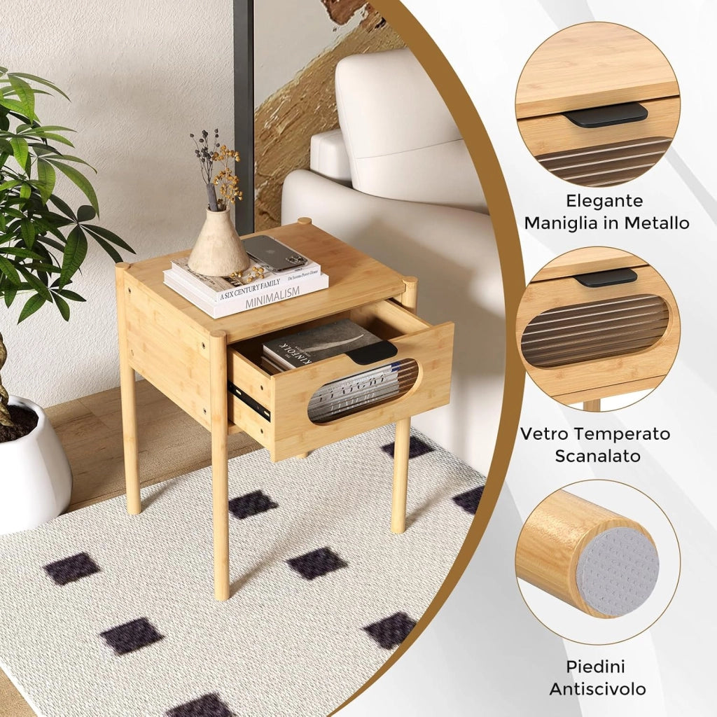 Comodino Camera da Letto in Bambù, Comodino con Cassetto in Vetro Temperato e Maniglia, Tavolino da Letto Piccolo con Gambe Rialzate per Soggiorno, Cameretta e Spazi Ridotti, Naturale (1)