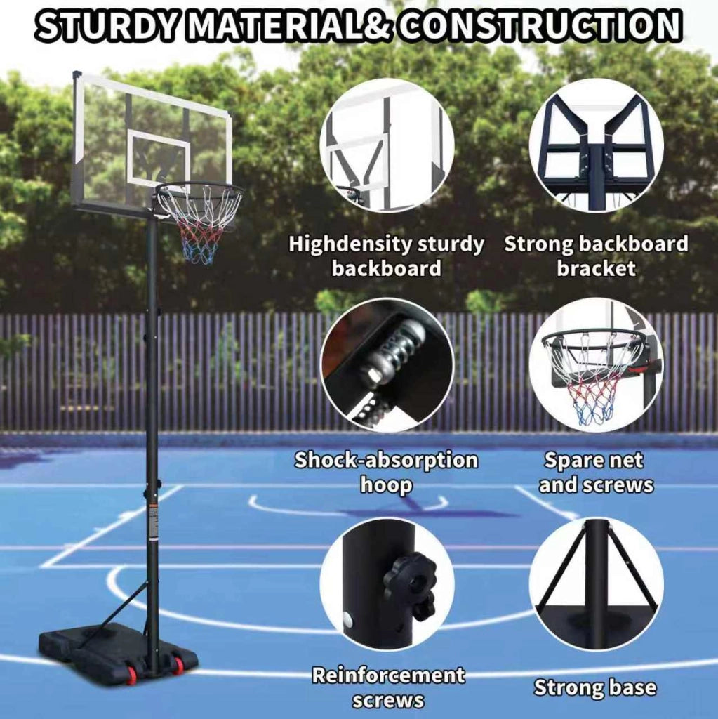 Canestro da basket ULEVR regolabile in altezza da 173,74 a 304,8 cm, tabellone in PVC, nero e bianco
