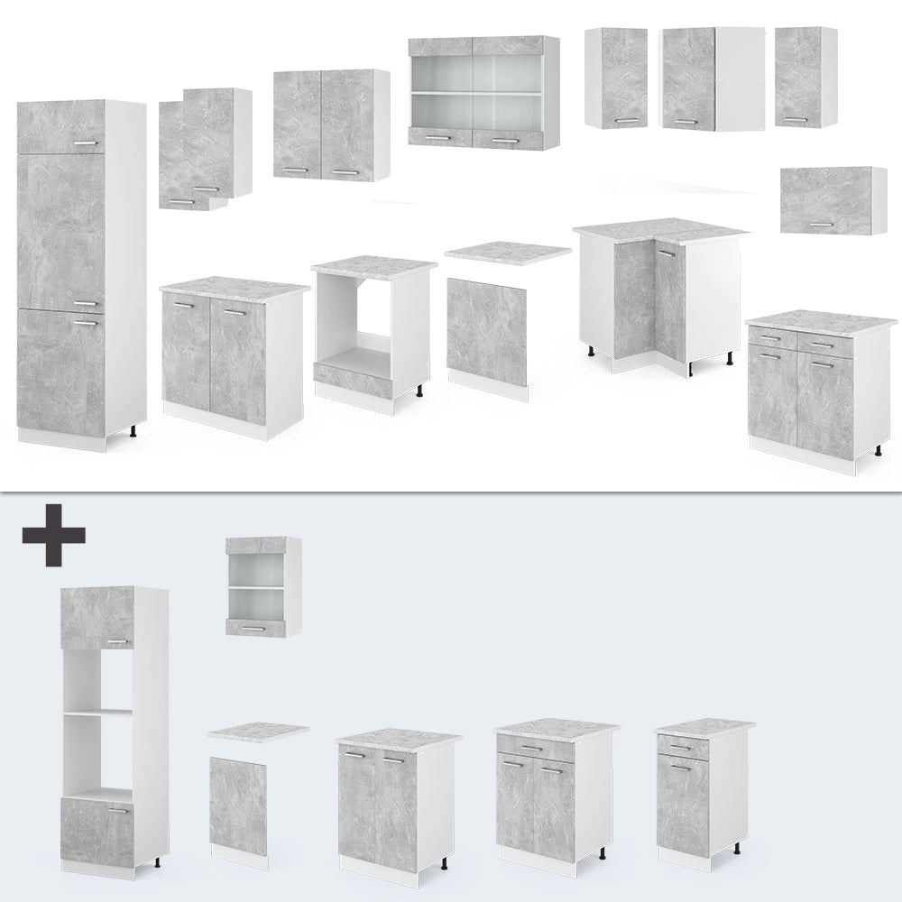 Cucina angolare completa R-Line Calcestruzzo/Bianco 287 x 227 cm senza piano di lavoro Vicco