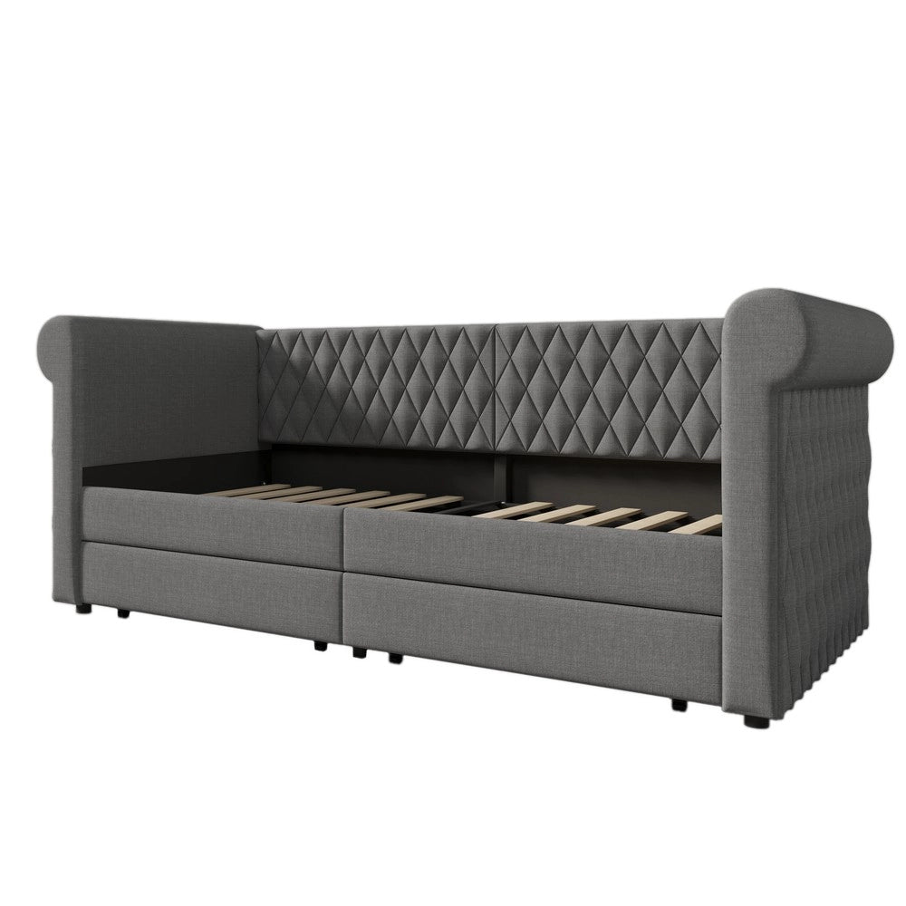 Letto Singolo Imbottito con Cassetti e Rete a Doghe ¨C MINIMAL ¨C Tessuto Grigio 90x200