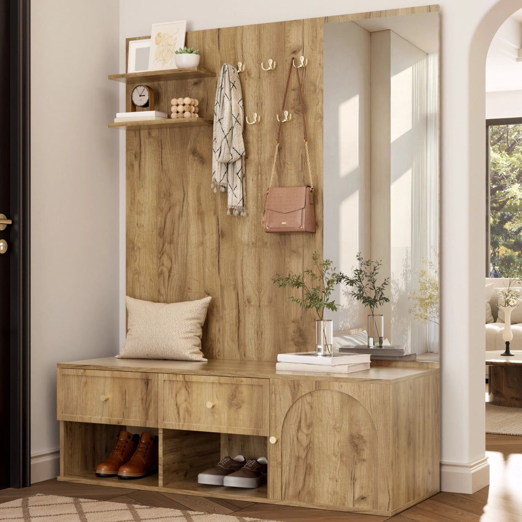 Mobile ingresso con specchio; 5 ganci; 2 cassetti e vano con anta; effetto legno; 120x35x159 cm