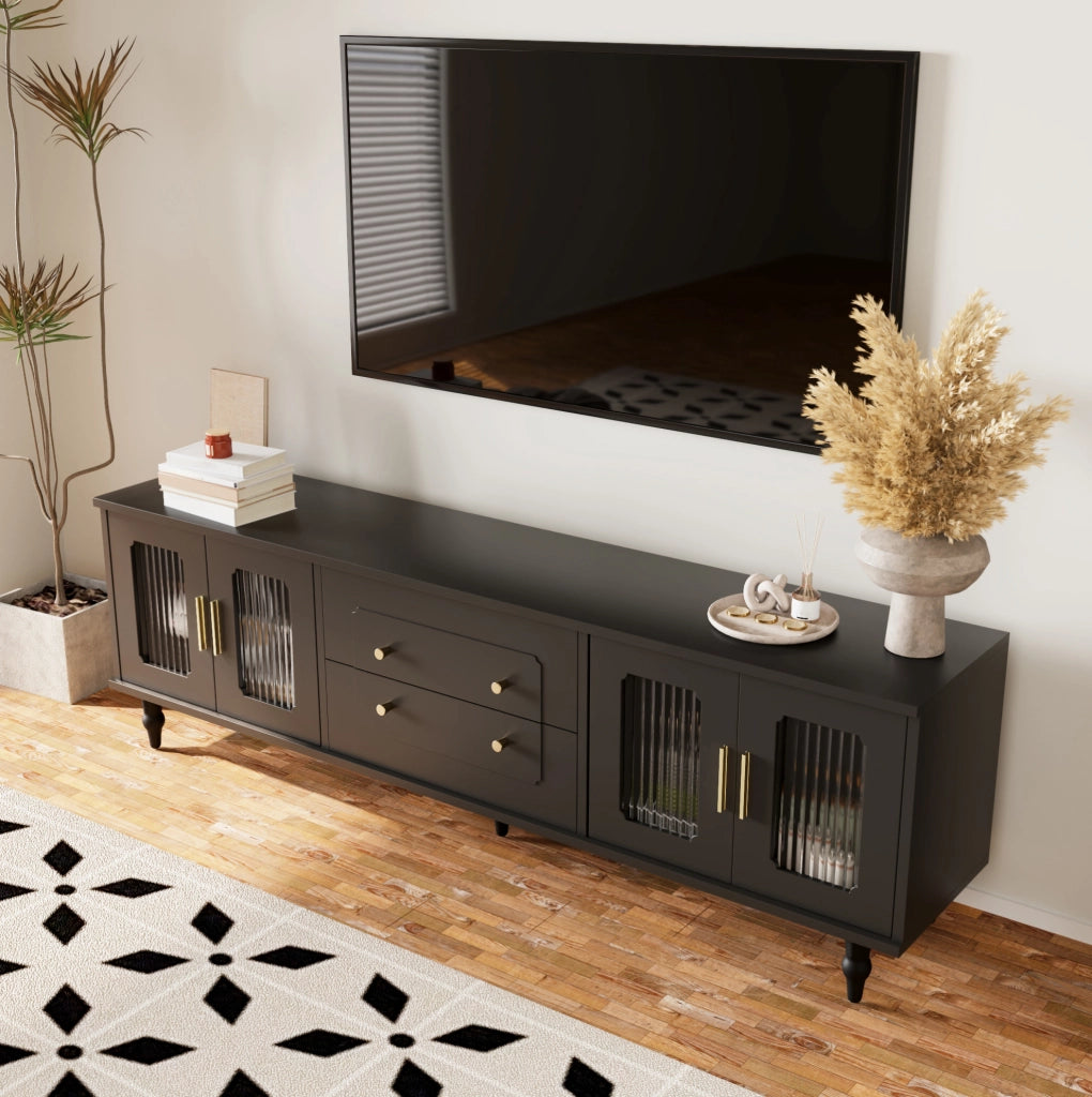 Mobile TV moderno 175 cm con ante in vetro temperato; cassetti push-to-open; nero